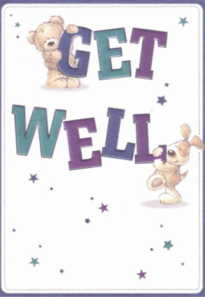 This cheerful get well card, overflowing with positive energy, reflects the inclusive and neighbourly ethos of Wealdstone. Two endearing characters-a bear with velvet-like brown fur and a playful puppy with downy ears-create a tableau of encouragement and gentle joy, their closeness echoing the support found within the local community. Playful stars swirl around them in twinkling navy, amethyst, and turquoise, recalling the festive lights seen in Harrow's winter markets or along the locally loved High Road. The 'Get Well' message is rendered in bold, confident letters shaded with teal and plum, anchoring the design with a sense of stability. The tactile softness suggested in the animals' fur and the light spark of each star invite the recipient to feel comforted, even from afar-just as they would by a well-chosen bouquet hand-delivered by a trusted Wealdstone florist. The overall mood is light and restorative, designed to lift spirits and reassure-a visual echo of the care and intention that flows through the area's community events, all wrapped up in one card.
