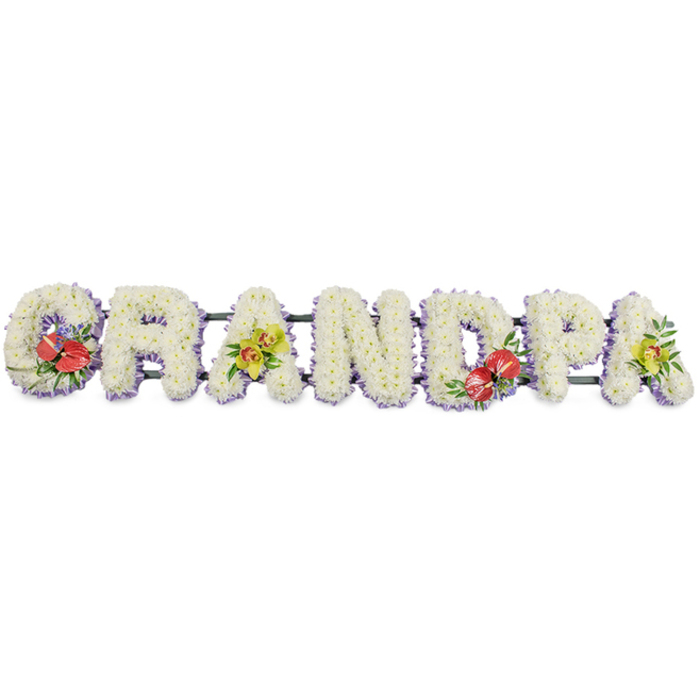 A long, elegant memorial piece spells out "GRANDPA" in bold block letters, the entire tribute crafted to rest horizontally as a focal arrangement at a funeral or graveside service in Wealdstone. Each letter is completely filled with dense clusters of pristine white chrysanthemums, their small, rounded blooms set so close together that no gaps of foliage show through, creating a soft, almost pillow-like texture that radiates calm. Along the bottom edge of each letter runs a subtle trim of light lavender ribbon, glimpsed just beneath the petals and tracing the contours with a fine line of lilac that gently defines the forms. The letters are secured to a slim, dark green support bar, which peeks out between some of them, hinting at the practical craftsmanship required to keep such a substantial floral tribute balanced and secure. To break the expanse of white, the florist has added carefully positioned accent sprays. On the 'G' and 'D', clusters of deep red anthuriums draw the eye, their glossy, heart-shaped spathes and projecting yellow spadices framed by polished green leaves and touches of delicate filler, a combination that conveys devotion and remembrance. The first 'A' and the final 'A' carry more delicate groupings of yellow-green orchids, each bloom with sculpted petals and a graceful, arching silhouette, set among lush foliage to add softness and light. The alternating pattern of crimson anthuriums and lime-toned orchids introduces movement and rhythm, echoing the ebb and flow of shared stories at a wake. Overall, this "GRANDPA" tribute feels both strong and tender, a custom piece that a Wealdstone family might place with pride to honour a much-loved grandfather with beauty and respect.