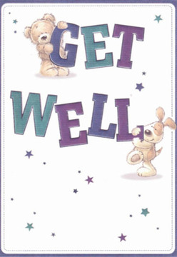 With instant warmth and cheer, this get well card invokes the spirit of Wealdstone's vibrant high street and surrounding greenery. The scene features a sweet, huggable teddy bear clutching the top of the word 'GET' while a joyful puppy nestles playfully against 'WELL' below-their friendly expressions brimming with encouragement. The deep purples and fresh teals that colour the bold letters are like the lively hues in a hand-tied bouquet from the heart of town, creating visual interest against a background as clean and airy as a spring morning on Belmont Road. Sprinkled stars shimmer in blues and violets, echoing the magic woven through moments of kindness at local shops. Every brushstroke and soft fur detail radiates affectionate energy, reminiscent of the care Wealdstone florists bring to each get well delivery. The emotional resonance is undeniable-the design lifts the spirits just as a thoughtfully arranged bunch from a nearby florist might, filling the room with hope and comfort. Altogether, the card's playfulness and sincerity combine into a gentle promise of brighter days ahead for someone on the mend.